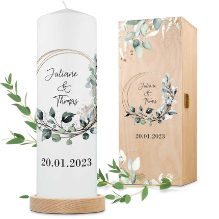 SEO. Große Kerze "Floral Kreis" Traukerze Brautkerze mit Namen & Datum zur Hochzeit - mit Kiste Linkreich