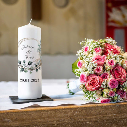 SEO. Große Kerze "Floral Kreis" Traukerze Brautkerze mit Namen & Datum zur Hochzeit - ohne Kiste Linkreich