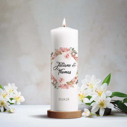 SEO. Große Kerze "Floral White" - Hochzeitskerze mit Namen, Datum & Wunschtext - Linkreich