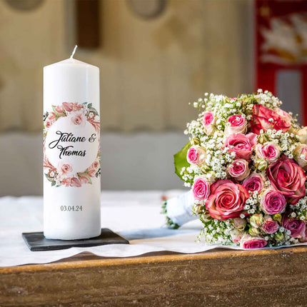 SEO. Große Kerze "Floral White" - Hochzeitskerze mit Namen, Datum & Wunschtext - Linkreich