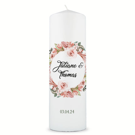 SEO. Große Kerze "Floral White" - Hochzeitskerze mit Namen, Datum & Wunschtext - Linkreich