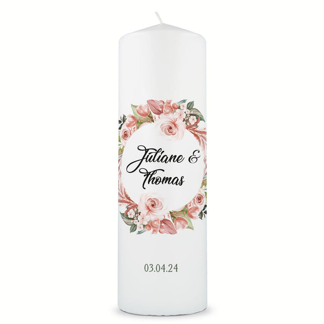 SEO. Große Kerze "Floral White" - Hochzeitskerze mit Namen, Datum & Wunschtext - Linkreich