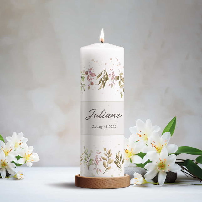 SEO. Große Kerze "Flower Love" - Taufkerze mit Namen und Datum - Rosa Linkreich