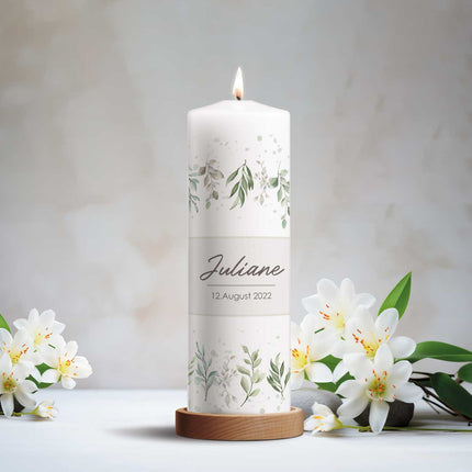 SEO. Große Kerze "Flower Love" - Taufkerze mit Namen und Datum - Grün Linkreich