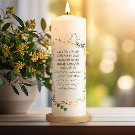 SEO. Große Kerze "Flower Polygon" - Hochzeitskerze mit Namen, Datum & Wunschtext - mit Kiste Linkreich