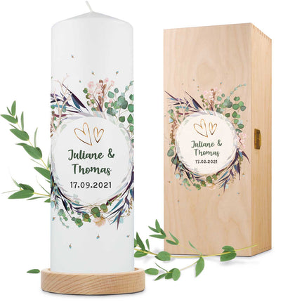 SEO. Große Kerze "Flower Wedding" - Hochzeitskerze mit Namen, Datum & Wunschtext - ohne Kiste Linkreich