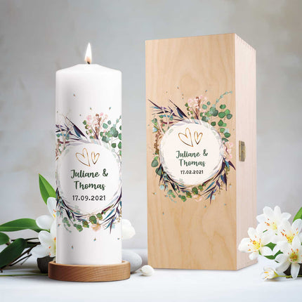 SEO. Große Kerze "Flower Wedding" - Hochzeitskerze mit Namen, Datum & Wunschtext - ohne Kiste Linkreich