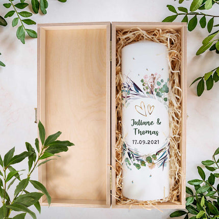 SEO. Große Kerze "Flower Wedding" - Hochzeitskerze mit Namen, Datum & Wunschtext - ohne Kiste Linkreich
