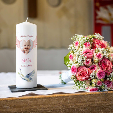 SEO. Große Kerze "Flügelherz" - Taufkerze mit Name, Datum, Wunschtext & Foto - Rosa - Kiste Linkreich