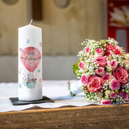 SEO. Große Kerze "Frohe Ostern" - Rosa Linkreich