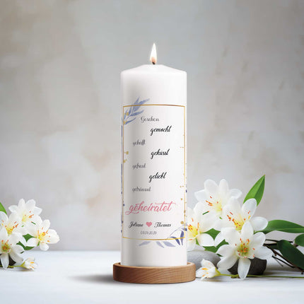 SEO. Große Kerze "Gesehen gemocht gehofft" Hochzeitskerze mit Namen, Datum und Wunschtext - Linkreich