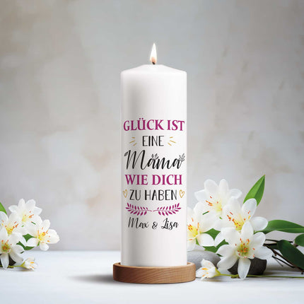 SEO. Große Kerze "Glück ist eine Mama" mit Namen - Geschenk für Mama zum Muttertag - Linkreich