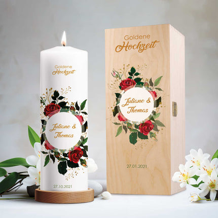SEO. Große Kerze "Goldene Hochzeit" - Hochzeitskerze mit Namen, Datum & Wunschtext - mit Kiste Linkreich