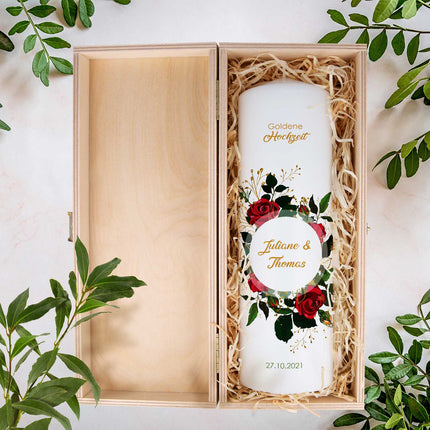 SEO. Große Kerze "Goldene Hochzeit" - Hochzeitskerze mit Namen, Datum & Wunschtext - mit Kiste Linkreich
