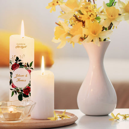 SEO. Große Kerze "Goldene Hochzeit" - Hochzeitskerze mit Namen, Datum & Wunschtext - mit Kiste Linkreich