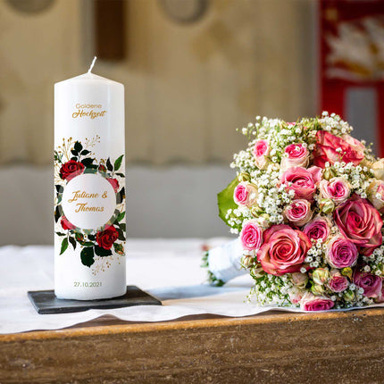 SEO. Große Kerze "Goldene Hochzeit" - Hochzeitskerze mit Namen, Datum & Wunschtext - mit Kiste Linkreich