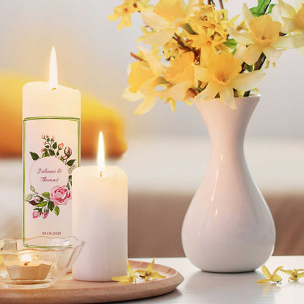 SEO. Große Kerze "Green Flower" - Hochzeitskerze mit Namen, Datum & Wunschtext - Linkreich