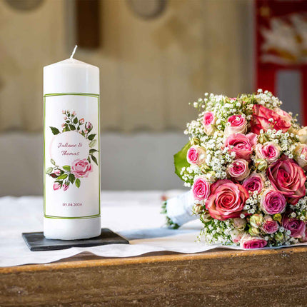 SEO. Große Kerze "Green Flower" - Hochzeitskerze mit Namen, Datum & Wunschtext - Linkreich