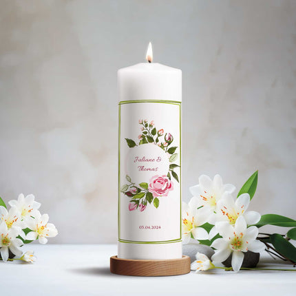 SEO. Große Kerze "Green Flower" - Hochzeitskerze mit Namen, Datum & Wunschtext - Linkreich