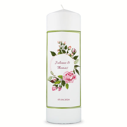 SEO. Große Kerze "Green Flower" - Hochzeitskerze mit Namen, Datum & Wunschtext - Linkreich
