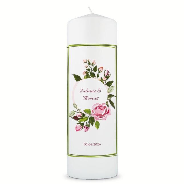 SEO. Große Kerze "Green Flower" - Hochzeitskerze mit Namen, Datum & Wunschtext - Linkreich