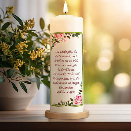 SEO. Große Kerze "Green Flower" - Hochzeitskerze mit Namen, Datum & Wunschtext - Linkreich