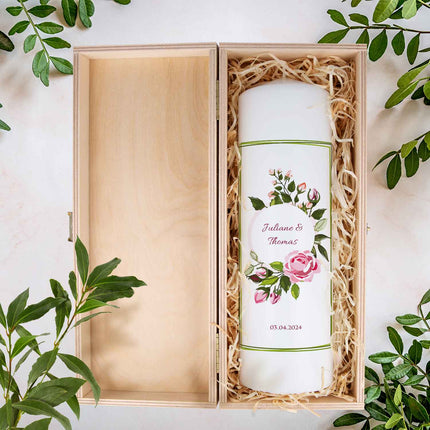 SEO. Große Kerze "Green Flower" - Hochzeitskerze mit Namen, Datum & Wunschtext - Linkreich