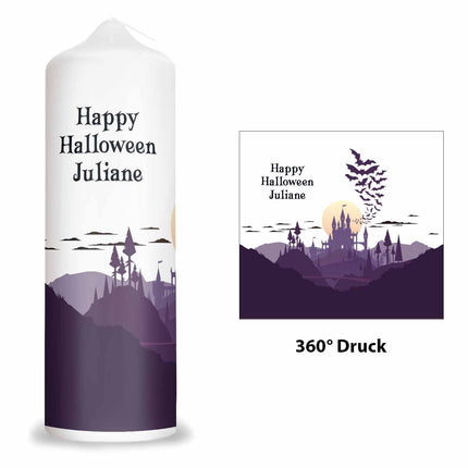 SEO. Große Kerze "Gruselschloss" mit Namen zu Halloween - Linkreich