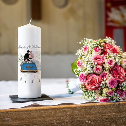 SEO. Große Kerze "Hochzeitsauto" - Umfangreich anpassbare Traukerze Brautkerze mit Namen & Datum - ohne Kiste Linkreich