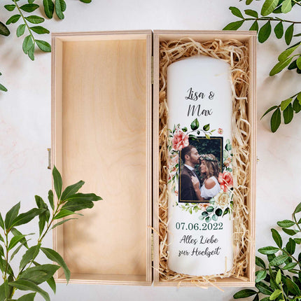 SEO. Große Kerze - "Hochzeitsfoto" - Hochzeitskerze mit Foto, Namen, Datum & Wunschtext - ohne Kiste Linkreich