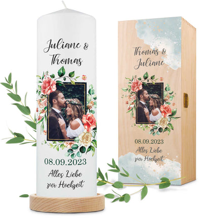 SEO. Große Kerze - "Hochzeitsfoto" - Hochzeitskerze mit Foto, Namen, Datum & Wunschtext - mit Kiste Linkreich