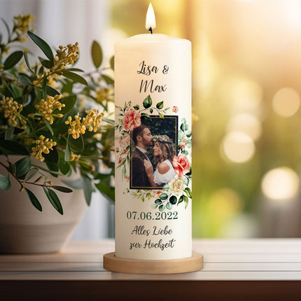 SEO. Große Kerze - "Hochzeitsfoto" - Hochzeitskerze mit Foto, Namen, Datum & Wunschtext - ohne Kiste Linkreich