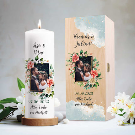 SEO. Große Kerze - "Hochzeitsfoto" - Hochzeitskerze mit Foto, Namen, Datum & Wunschtext - mit Kiste Linkreich