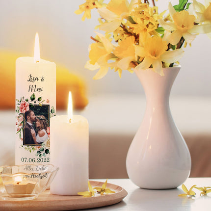 SEO. Große Kerze - "Hochzeitsfoto" - Hochzeitskerze mit Foto, Namen, Datum & Wunschtext - ohne Kiste Linkreich