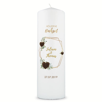 SEO. Große Kerze "Hölzerne Hochzeit" - Hochzeitskerze mit Namen, Datum & Wunschtext - ohne Kiste Linkreich