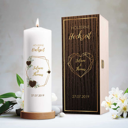 SEO. Große Kerze "Hölzerne Hochzeit" - Hochzeitskerze mit Namen, Datum & Wunschtext - ohne Kiste Linkreich