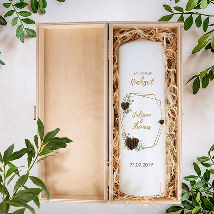SEO. Große Kerze "Hölzerne Hochzeit" - Hochzeitskerze mit Namen, Datum & Wunschtext - ohne Kiste Linkreich