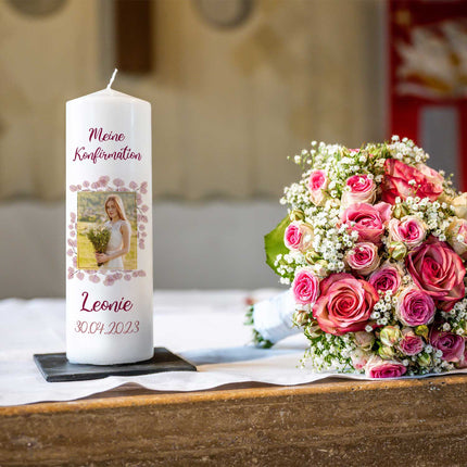 SEO. Große Kerze "Konfirmation, Kommunion & Taufe" mit Foto, Namen, Datum und Wunschtext - Rosa mit Kiste Linkreich