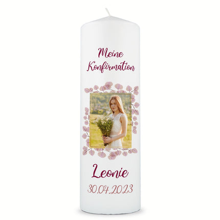 SEO. Große Kerze "Konfirmation, Kommunion & Taufe" mit Foto, Namen, Datum und Wunschtext - Rosa Linkreich
