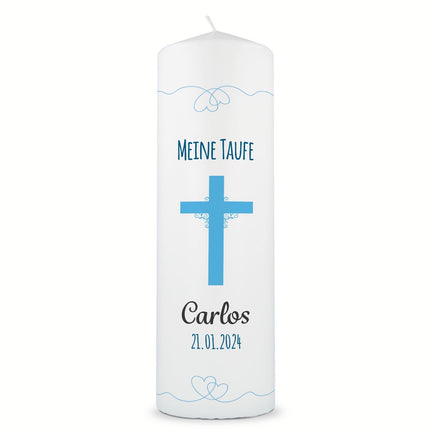 SEO. Große Kerze "Kreuz" - Taufkerze mit Namen, Datum & Taufspruch - Junge Linkreich