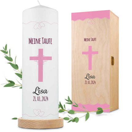 SEO. Große Kerze "Kreuz" - Taufkerze mit Namen, Datum & Taufspruch - Mädchen Linkreich
