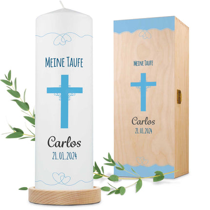 SEO. Große Kerze "Kreuz" - Taufkerze mit Namen, Datum & Taufspruch - Mädchen mit Kiste Linkreich