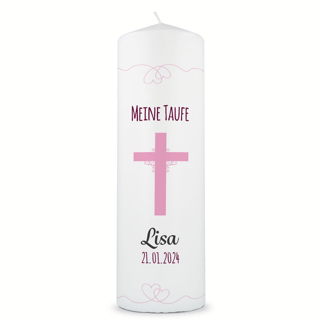 SEO. Große Kerze "Kreuz" - Taufkerze mit Namen, Datum & Taufspruch - Mädchen Linkreich
