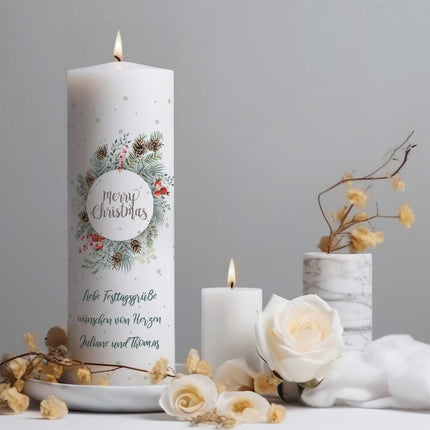 SEO. Große Kerze "Natur" mit Wunschtext zu Weihnachten - Linkreich