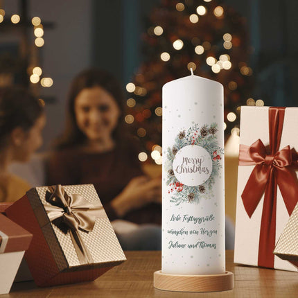 SEO. Große Kerze "Natur" mit Wunschtext zu Weihnachten - Linkreich