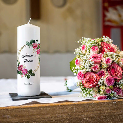 SEO. Große Kerze "Pink Rose" - Hochzeitskerze mit Namen, Datum & Wunschtext - mit Kiste Linkreich