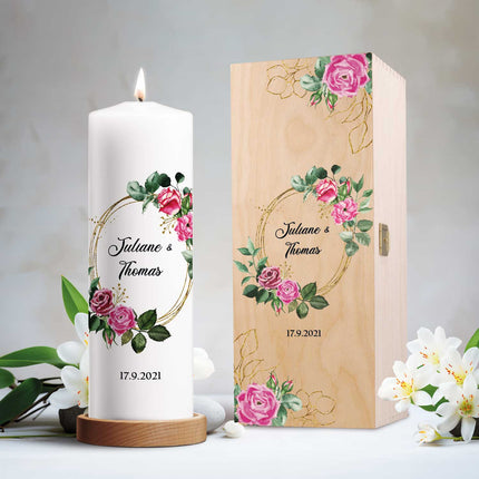 SEO. Große Kerze "Pink Rose" - Hochzeitskerze mit Namen, Datum & Wunschtext - mit Kiste Linkreich