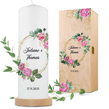 SEO. Große Kerze "Pink Rose" - Hochzeitskerze mit Namen, Datum & Wunschtext - ohne Kiste Linkreich