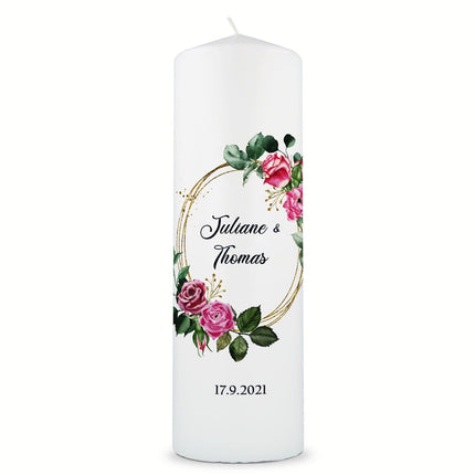 SEO. Große Kerze "Pink Rose" - Hochzeitskerze mit Namen, Datum & Wunschtext - ohne Kiste Linkreich