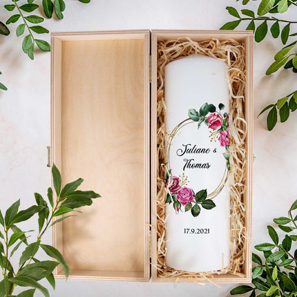 SEO. Große Kerze "Pink Rose" - Hochzeitskerze mit Namen, Datum & Wunschtext - mit Kiste Linkreich